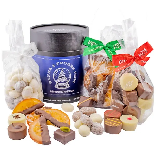 Danke & Frohes Fest (Bundle) - Weihnachtliches Geschenkset, Pralinen Mandeln Orangenscheiben als Geschenk zu Weihnachten (450g)