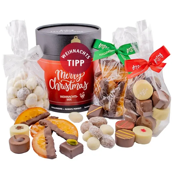 Weihnachts-Naschmix (Bundle) - Weihnachtliches Geschenkset, Pralinen Mandeln Orangenscheiben als Geschenk zu Weihnachten (450g)