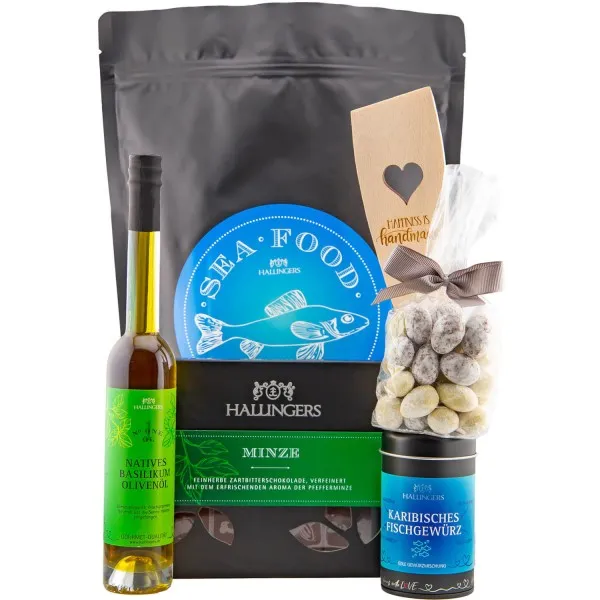 Sea Food (Bundle) - Grillen Wundertüte XXL Geschenkset Olivenöl, Fisch Gewürz, Pfannenwender, Nougat & Schokolade (445g)