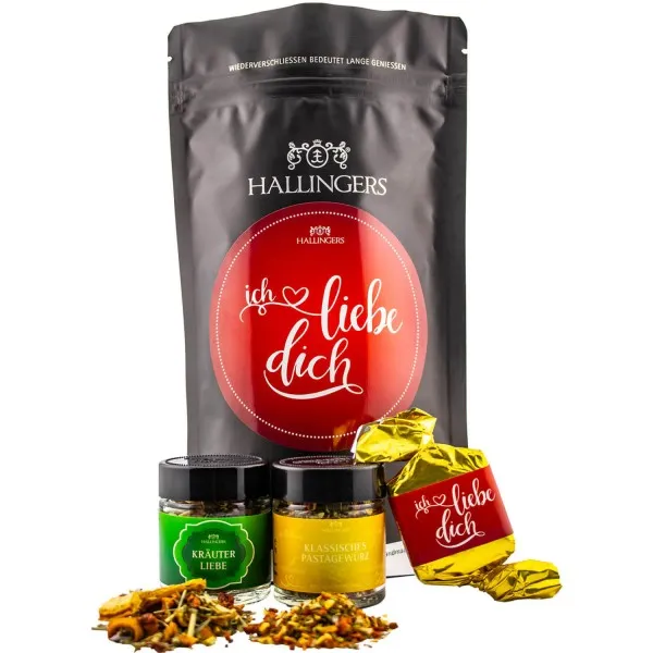 Ich liebe Dich (Bundle) - Valentinstag Wundertüte Geschenkset Nougat Busserl, Kräutertee & Pastagewürz - Liebe schenken (47g)