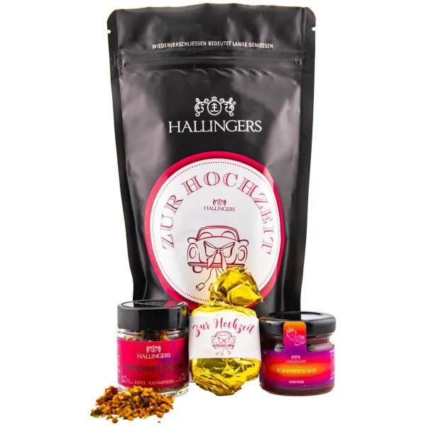 Zur Hochzeit (Bundle) - Heiraten Wundertüte Hochzeits-Geschenkset Nougat Busserl, Coldbrew Eistee & Erdbeer Konfitüre (68g)