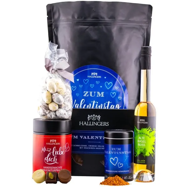 Zum Valentinstag - Blue XXL (Bundle) - Valentinstag Wundertüte Geschenkset Likör Nougat-Mandeln Pralinen Schokolade & Gewürze aus Liebe (620g)