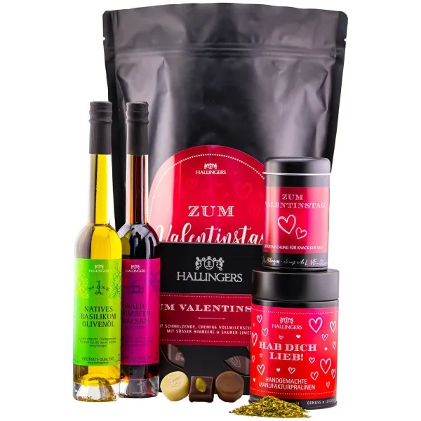 Zum Valentinstag - Pink XXL (Bundle) - Valentinstag Wundertüte Geschenkset Pralinen Gewürz Olivenöl Himbeeressig & Schokolade aus Liebe (495g)