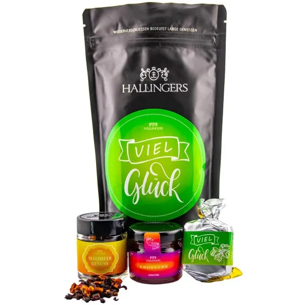 Viel Glück (Bundle) - Glückwünsche Wundertüte Geschenkset Nougat Busserl, Früchtetee Waldbeere & Erdbeer Konfitüre (69g)