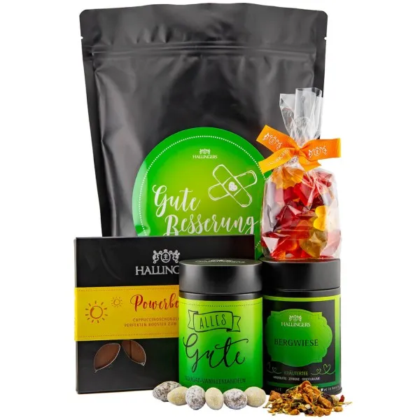 Gute Besserung (Bundle) - Gesundheit Wundertüte XXL Geschenkset Nougat Mandeln Tee Tafel Schokolade & Fruchtsaftbären (450g)