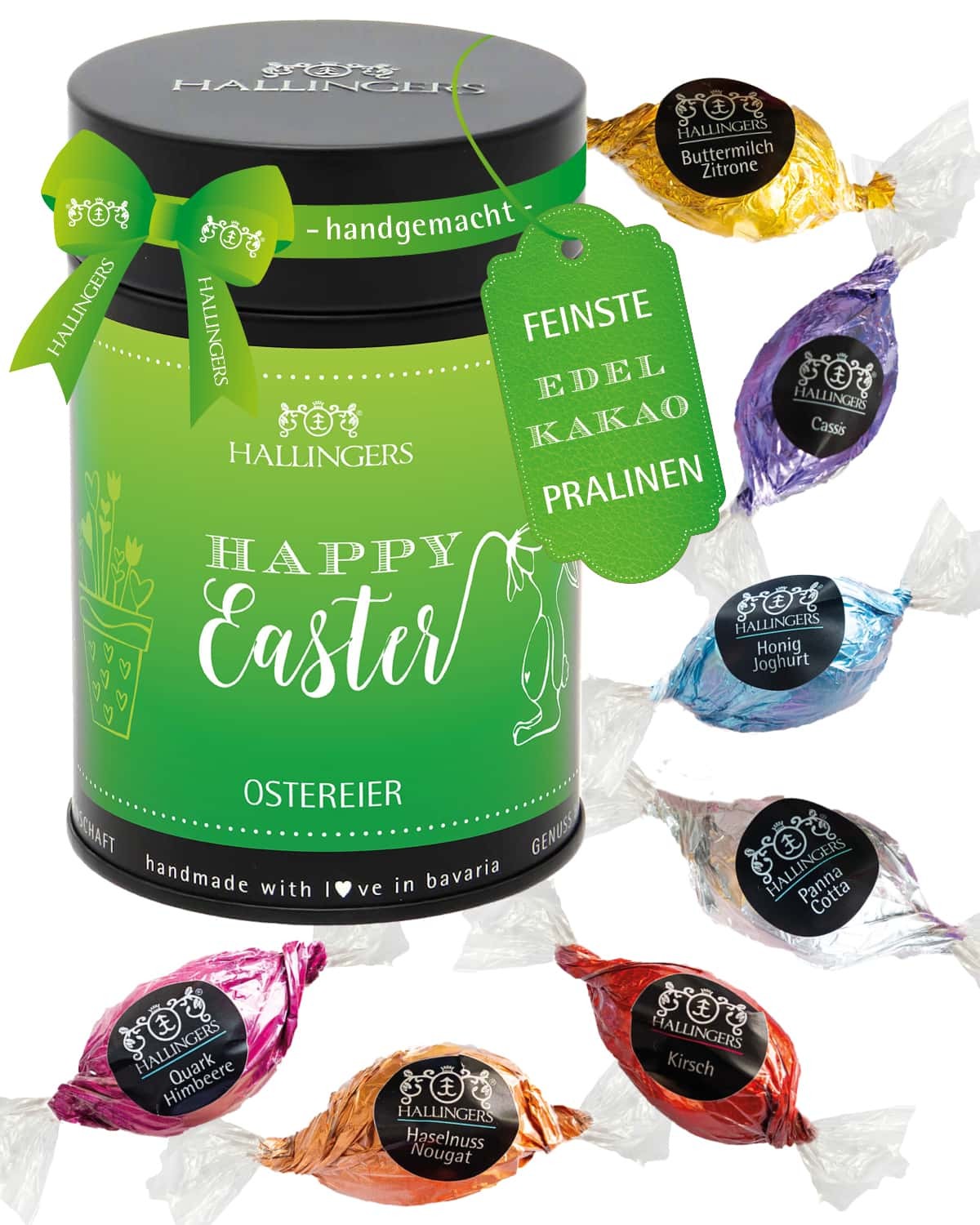Pralinen Ostereier Oster Geschenk – ohne Alkohol, handgemacht aus Premium Edelkakao, edle Geschenkdose "Happy Easter", Geschenkidee fürs Osterkörbchen