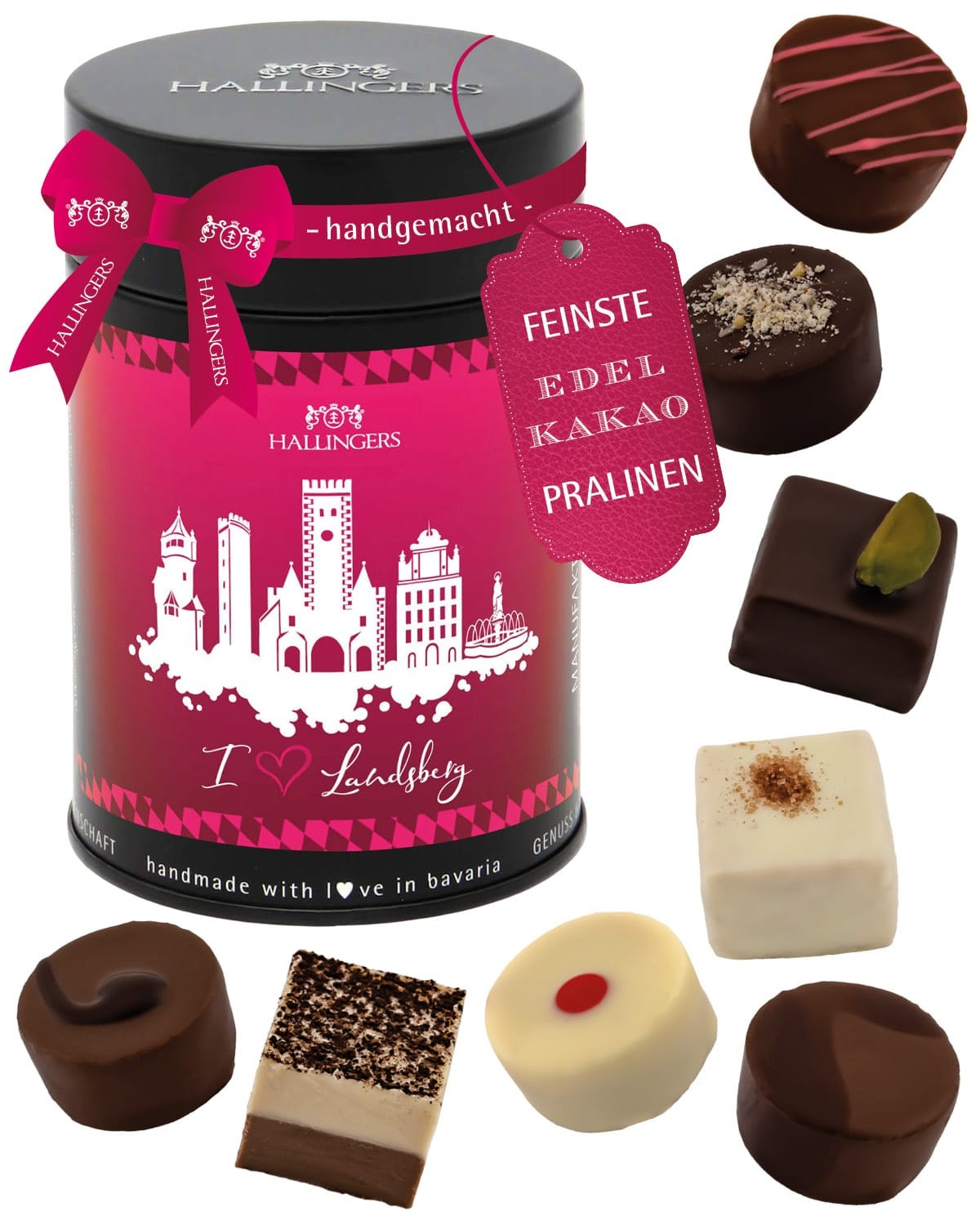 Pralinen Geschenk – ohne Alkohol, handgemacht aus Premium Edelkakao, edle Geschenkdose "I love Landsberg", feine Confiserie-Qualität als besondere Ges