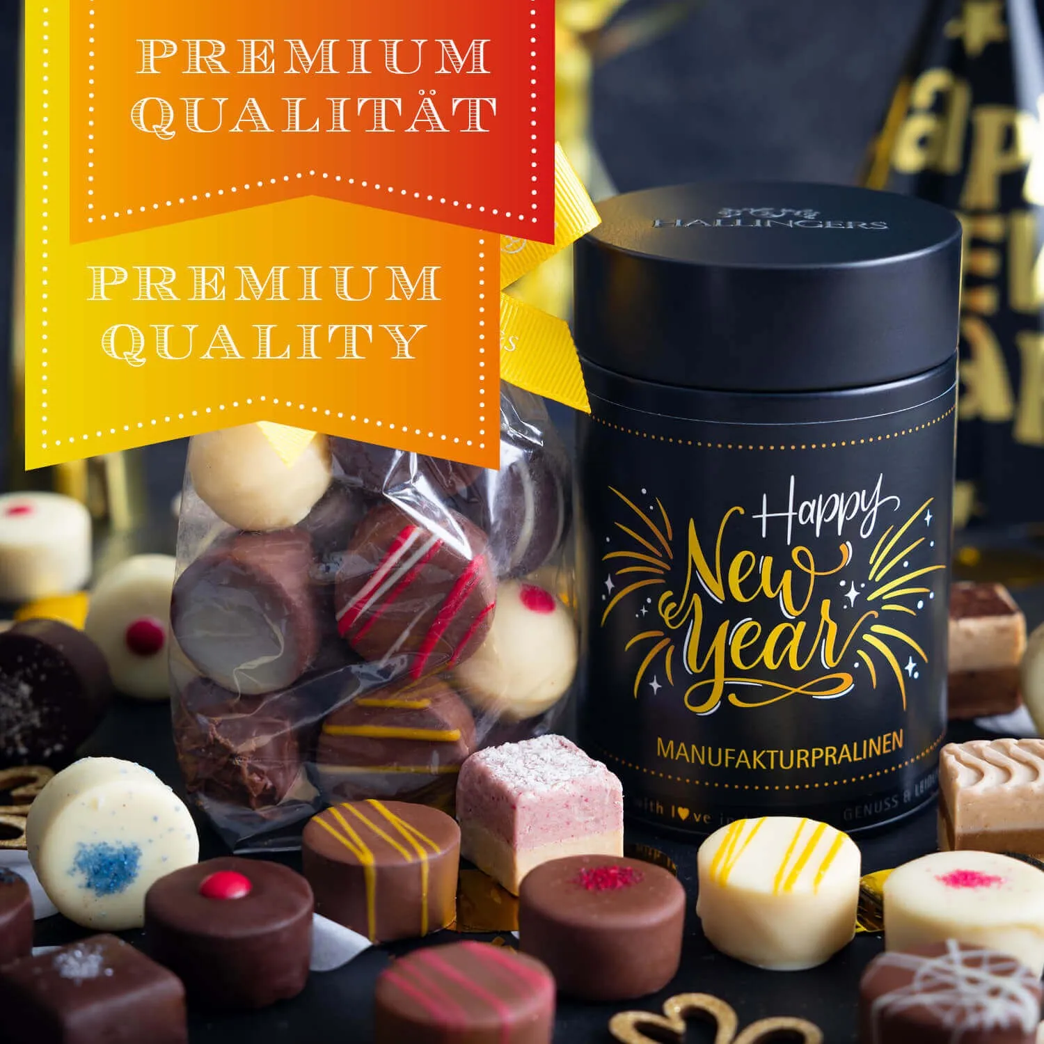 Neujahrsgrüße und Neujahrswünsche der besonderen Art - kommen immer gut an, denn handgemachte Pralinen sind die Königsklasse der Confiserie-Kunst!