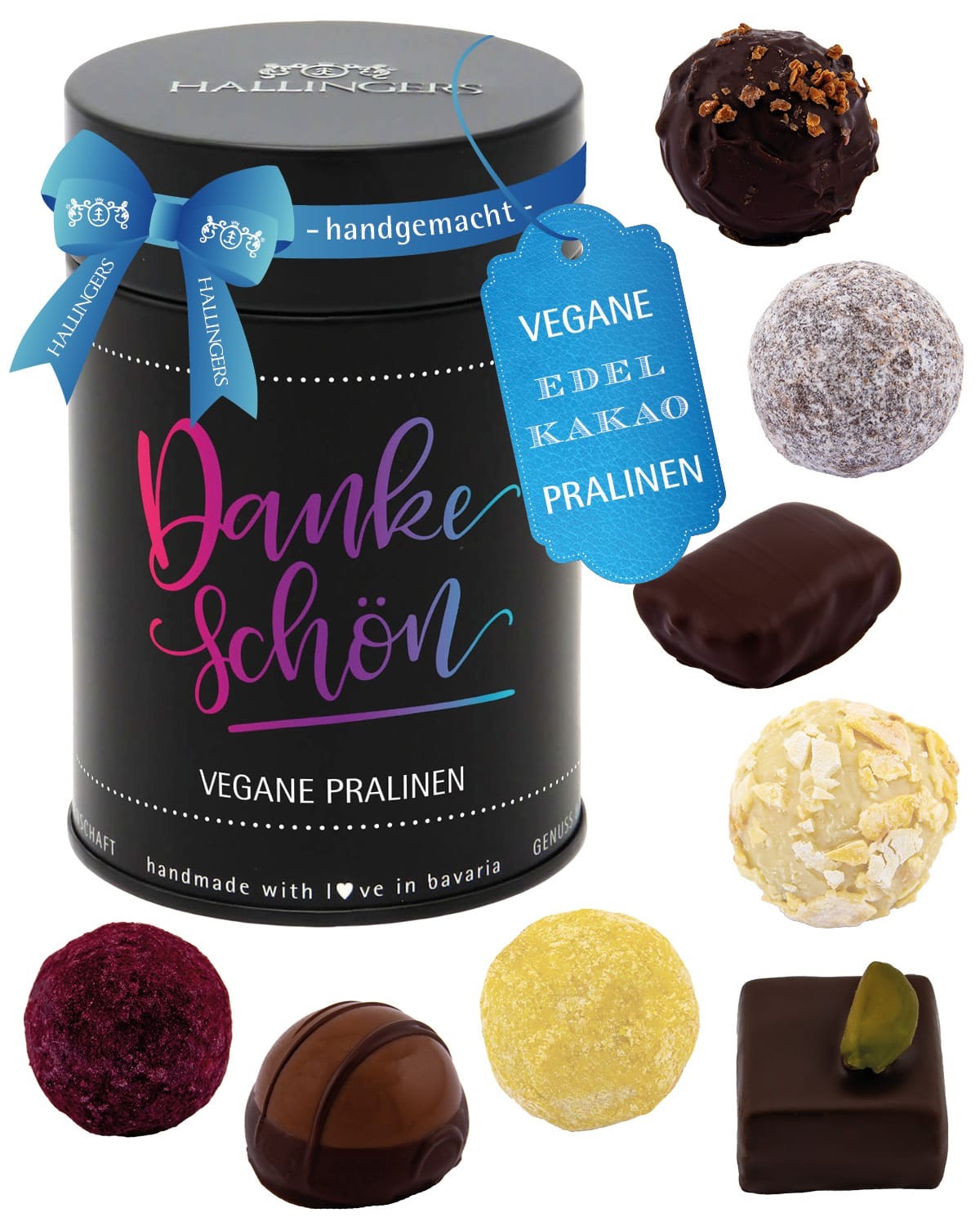 Vegane Pralinen Geschenk Danke – mit & ohne Alkohol, handgemacht aus Premium Edelkakao, edle Geschenkdose "Dankeschön", Confiserie-Qualität, Geschenki