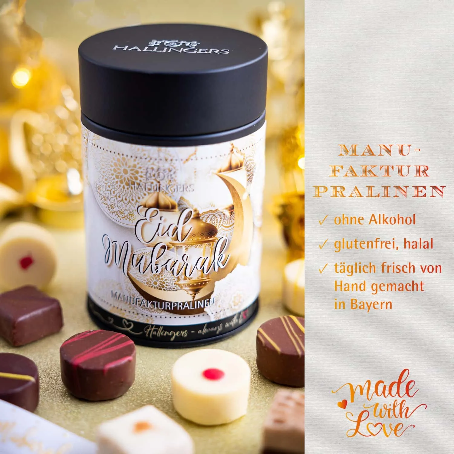 HALAL PRALINEN OHNE ALKOHOL - Handgemachte Pralinen aus feinstem Confiserie-Edelkakao, stilvoll verpackt in einer hochwertigen Geschenkdose. Exklusiver Schokoladengenuss für besondere Anlässe & genussvolle Momente auch zum Ramadan