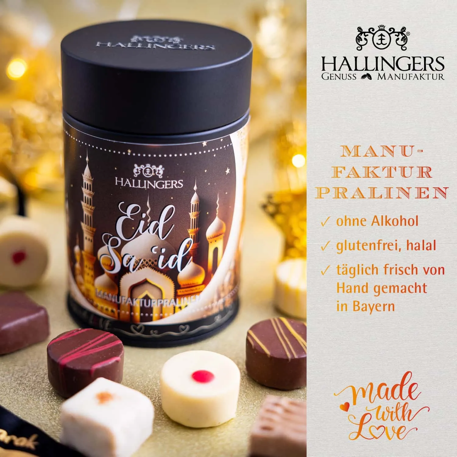 HALAL PRALINEN OHNE ALKOHOL - Handgemachte Pralinen aus feinstem Confiserie-Edelkakao, stilvoll verpackt in einer hochwertigen Geschenkdose. Exklusiver Schokoladengenuss für besondere Anlässe & genussvolle Momente auch zum Ramadan