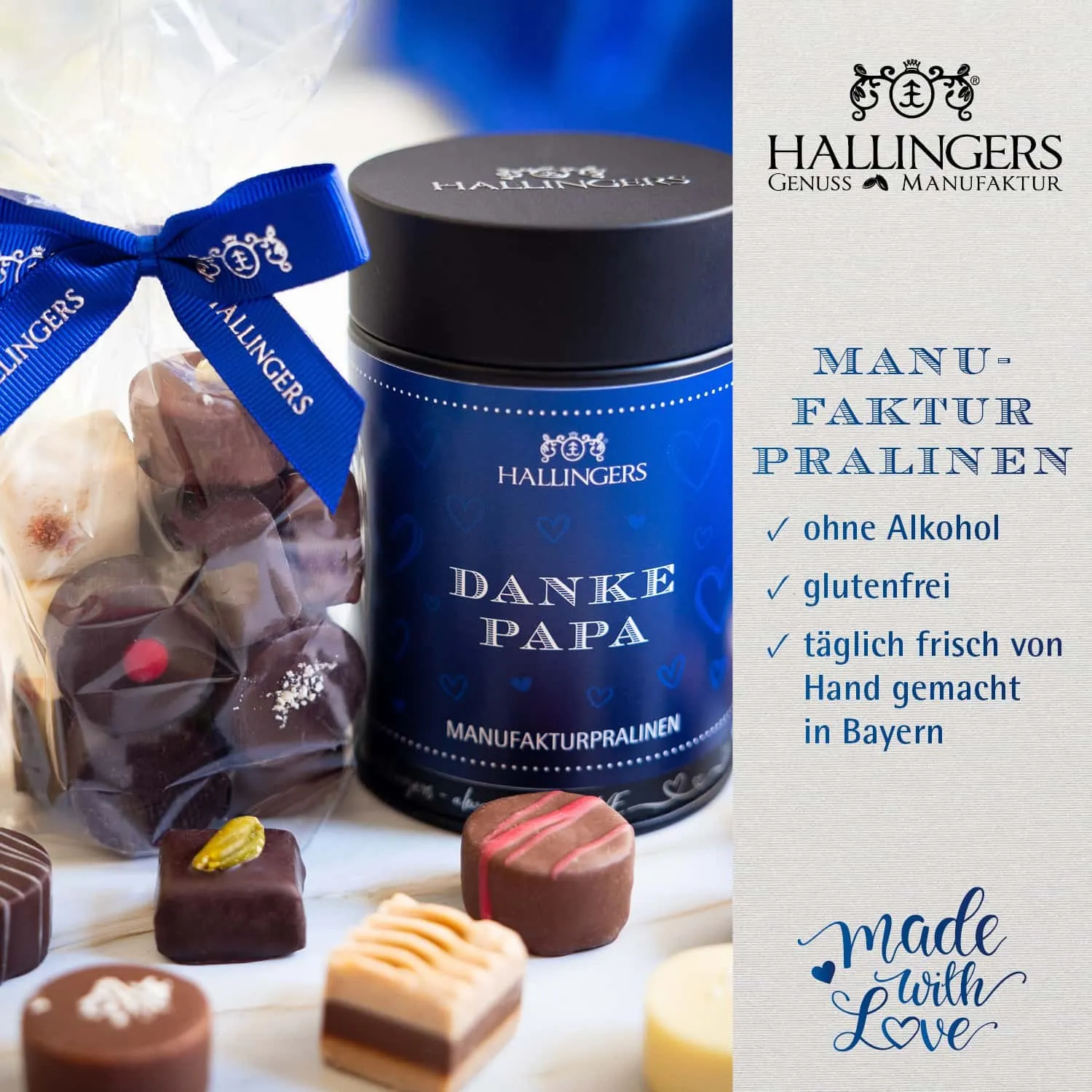 PRALINEN IN DER GESCHENKDOSE OHNE ALKOHOL - Edle handgemachte Pralinen aus feinstem Confiserie-Edelkakao, stilvoll verpackt in einer hochwertigen Geschenkdose. Perfekt als exklusives Geschenk für besondere Genussmomente