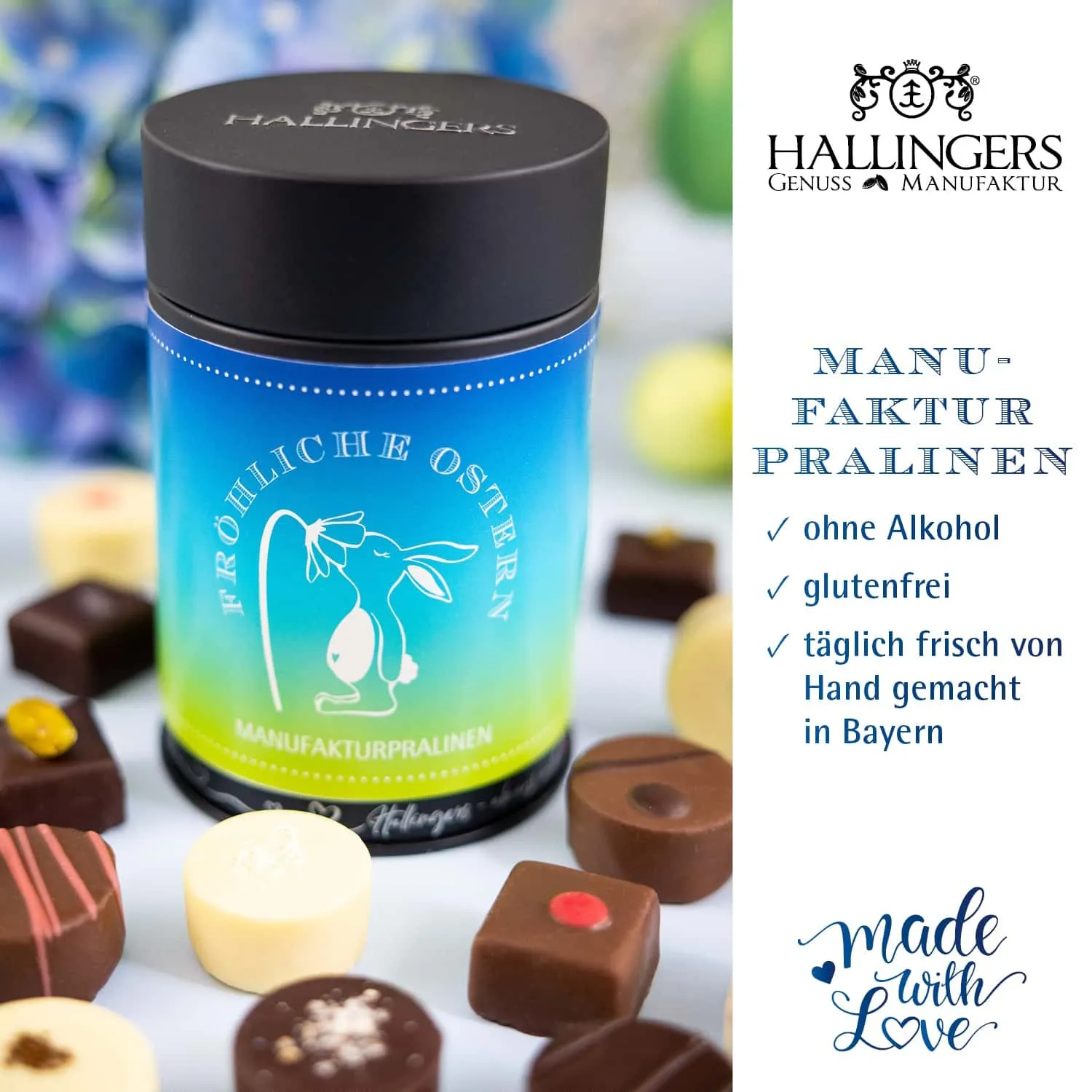 PRALINEN IN DER GESCHENKDOSE OHNE ALKOHOL - Edle handgemachte Pralinen aus feinstem Confiserie-Edelkakao, stilvoll verpackt in einer hochwertigen Geschenkdose. Perfekt als exklusives Geschenk für besondere Genussmomente