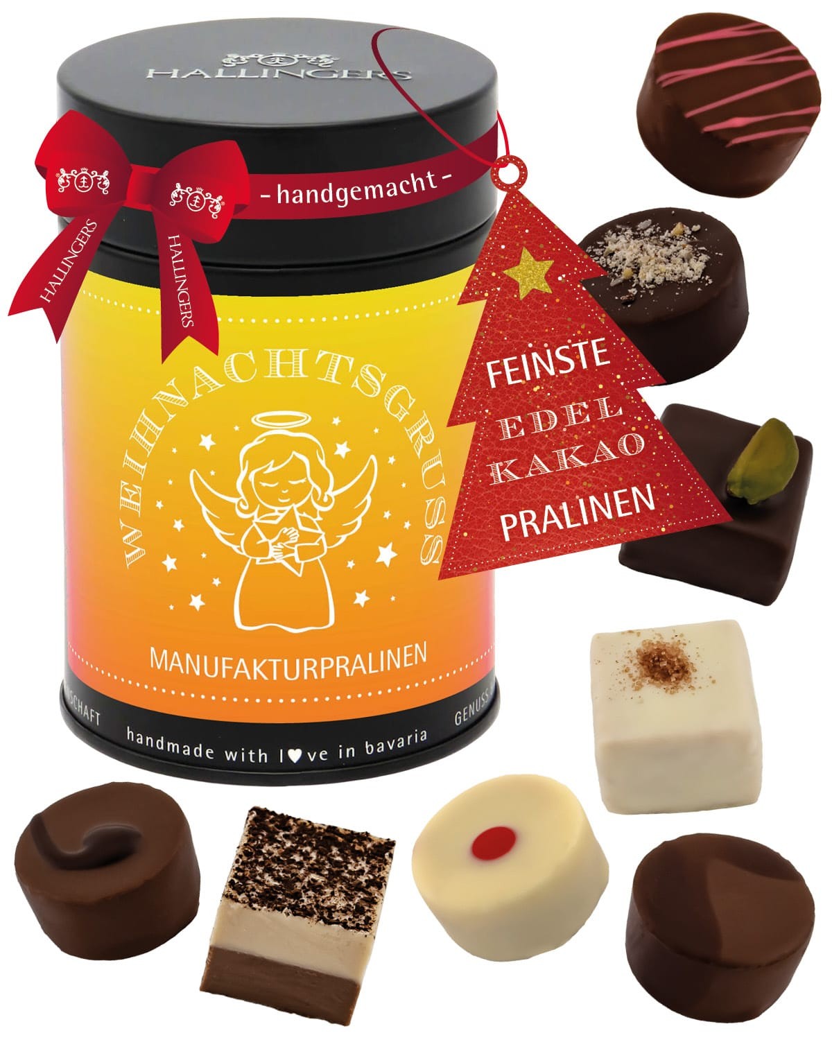 Pralinen Geschenk Weihnachten – ohne Alkohol, handgemacht aus Premium Edelkakao, edle Geschenkdose "Weihnachtsgruß", Geschenkidee für Frauen & Männer