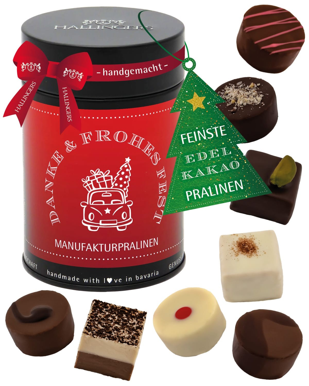 Pralinen Geschenk Weihnachten – ohne Alkohol, handgemacht aus Premium Edelkakao, edle Geschenkdose "Danke & Frohes Fest", Geschenkidee für Frauen & Mä