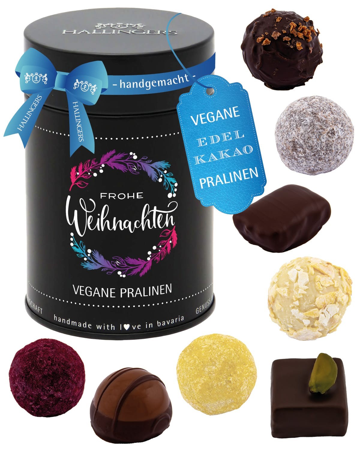 Vegane Pralinen Geschenk Weihnachten - mit & ohne Alkohol "Frohe Weihnachten" - Hallingers Genuss Manufaktur