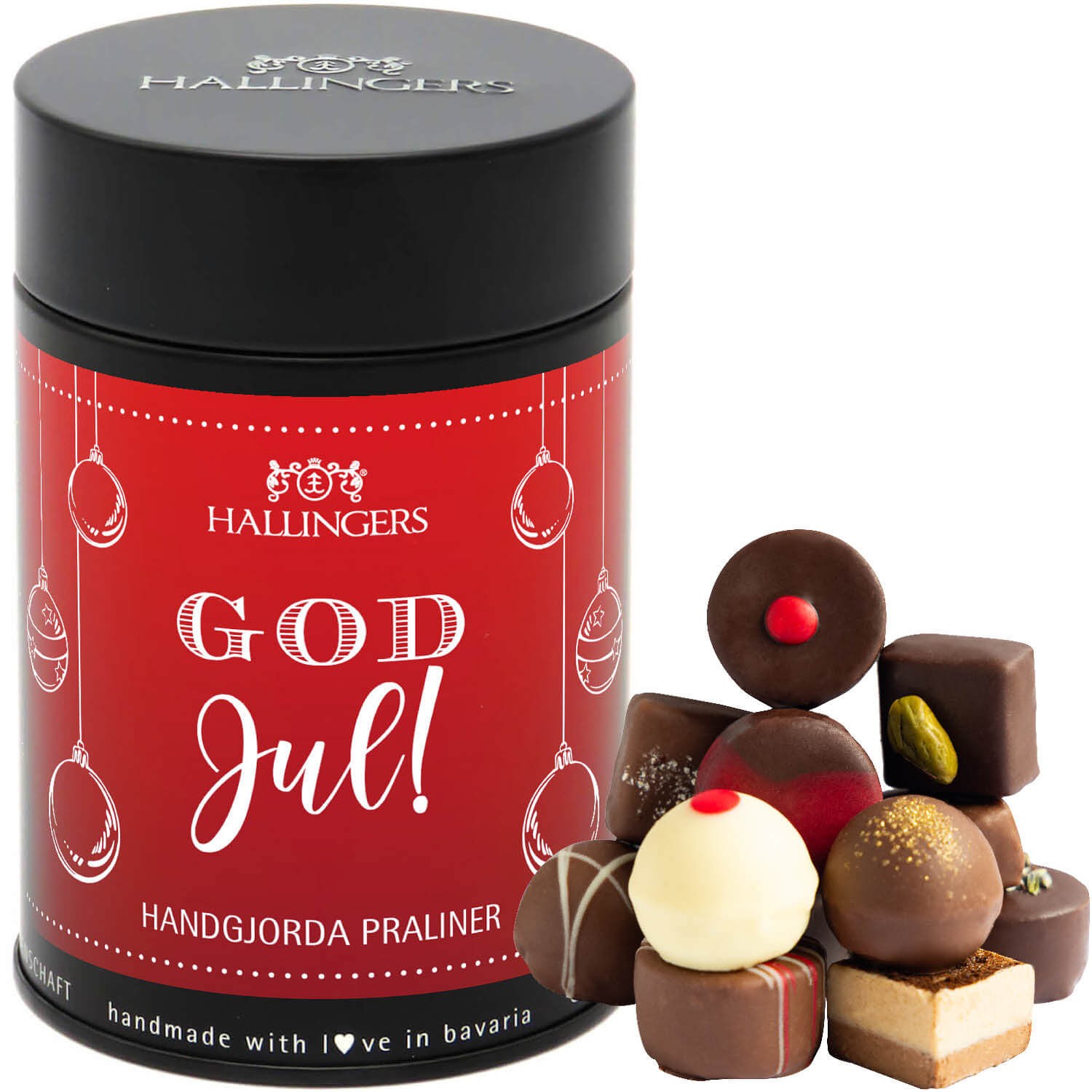 Pralinen Geschenk Weihnachten – ohne Alkohol, handgemacht aus Premium Edelkakao, edle Geschenkdose "God Jul red", Geschenkidee für Frauen & Männer zur