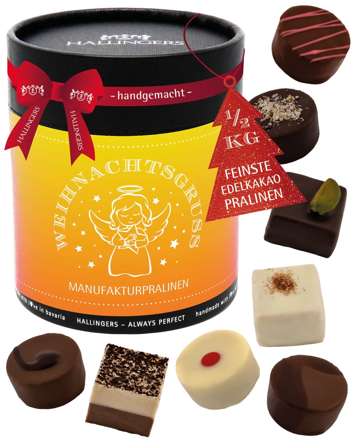 Pralinen Geschenk Weihnachten – ohne Alkohol, handgemacht aus Premium Edelkakao, edle Geschenkdose "Weihnachtsgruß XXL", Geschenkidee für Frauen & Män