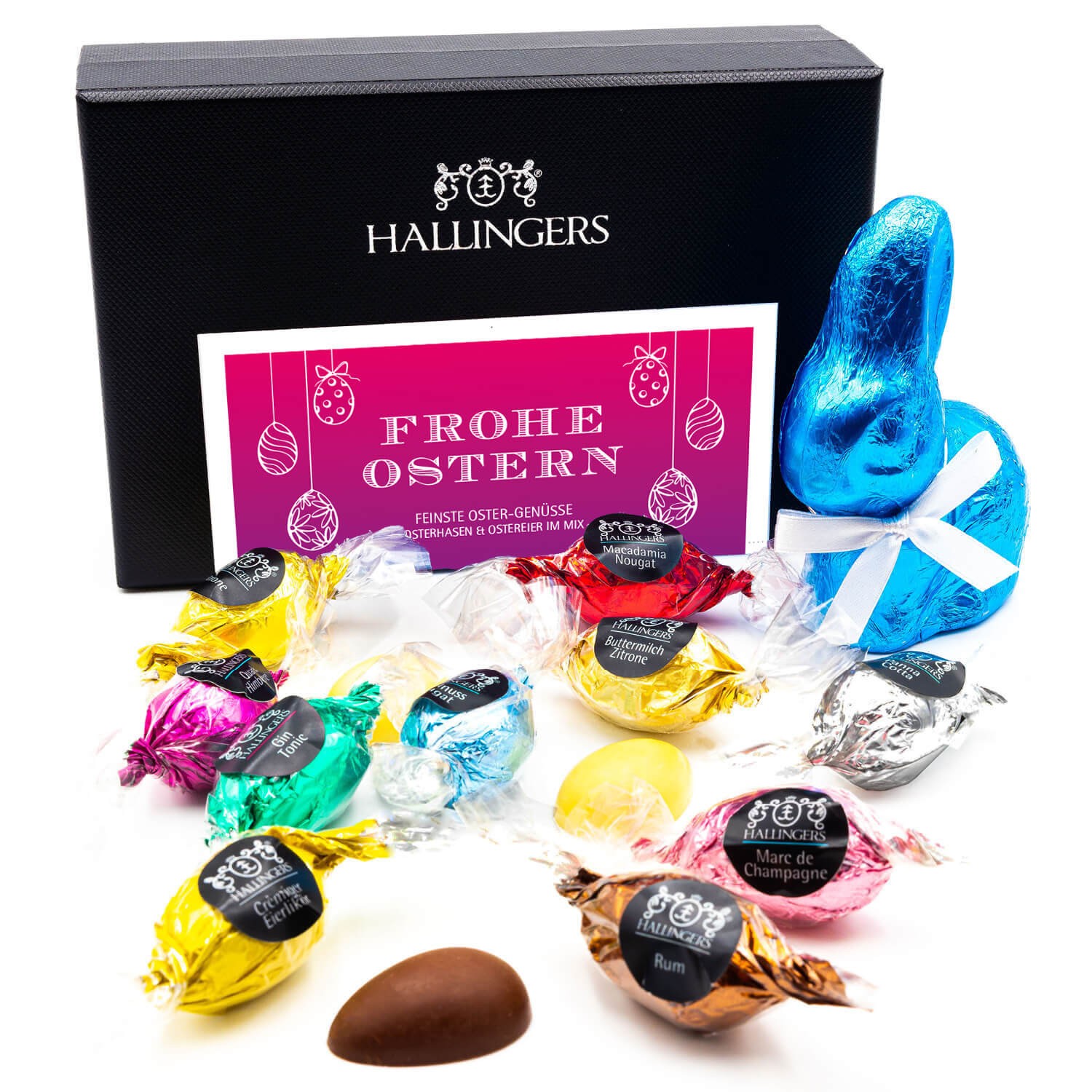 Pralinen Ostereier Oster-Geschenk – mit & ohne Alkohol, handgemacht & zart schmelzender Edelkakao in edler Geschenkbox "Frohe Ostern", feine Qualität
