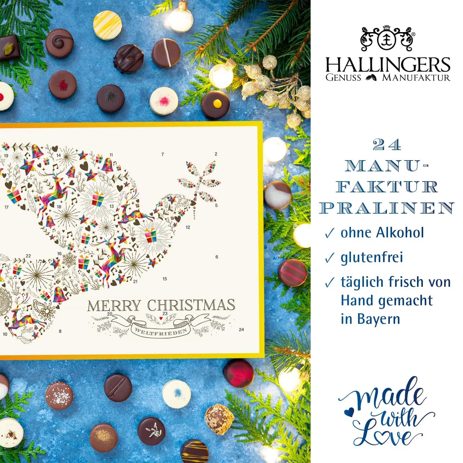 PRALINEN ADVENTSKALENDER OHNE ALKOHOL - Edle handgemachte Pralinen aus feinstem Confiserie-Edelkakao, stilvoll verpackt im hochwertigen Softfeel-Karton. Die besondere Geschenkidee für 24 genussvolle Momente in der Adventszeit