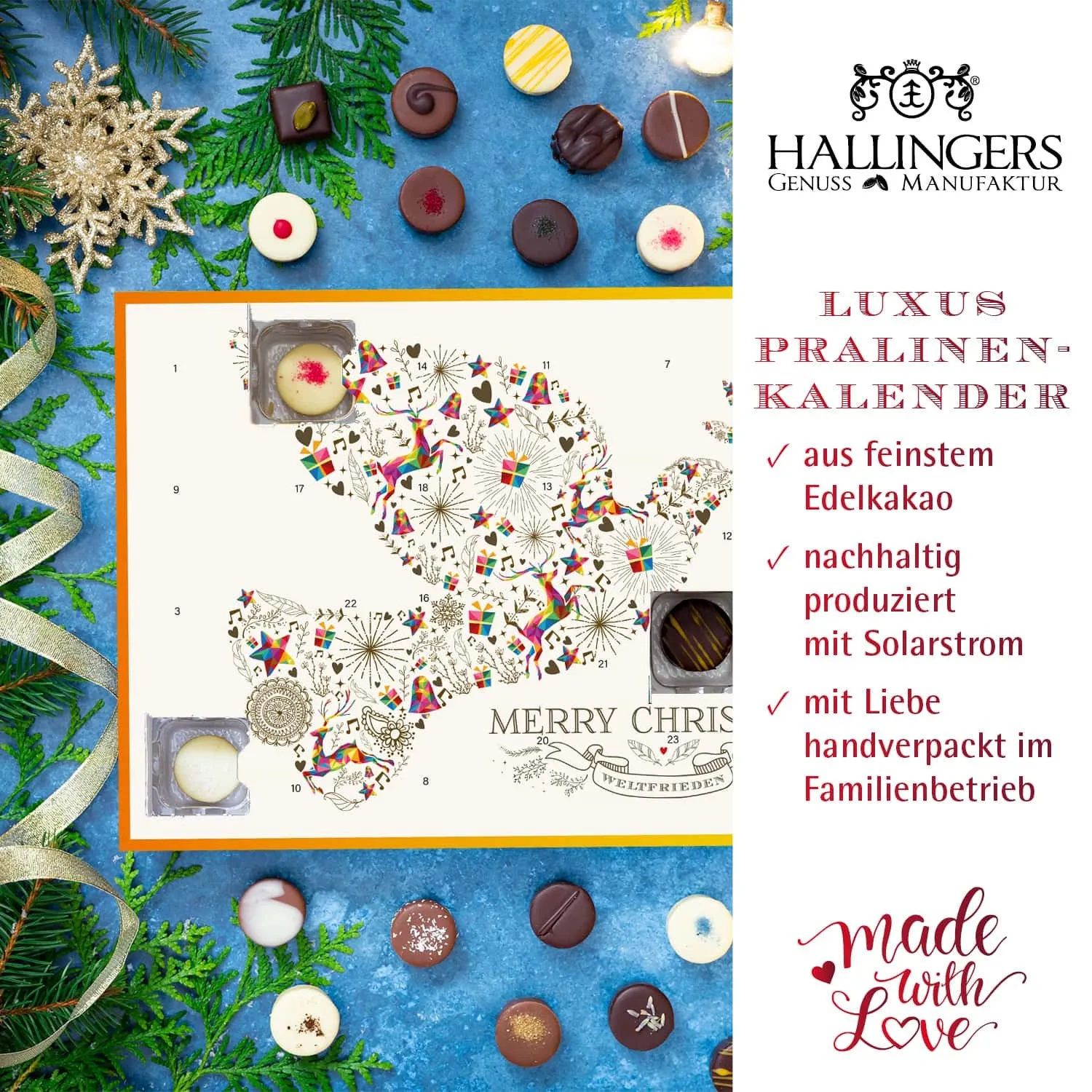 HANDWERK STATT MASSENWARE - Edition \Weltfrieden\: Vergiss billig produzierte Standard-Pralinen mit schöner Verpackung - entscheidend ist nicht nur der erste Eindruck, sondern der Geschmack, der noch lange in Erinnerung bleibt