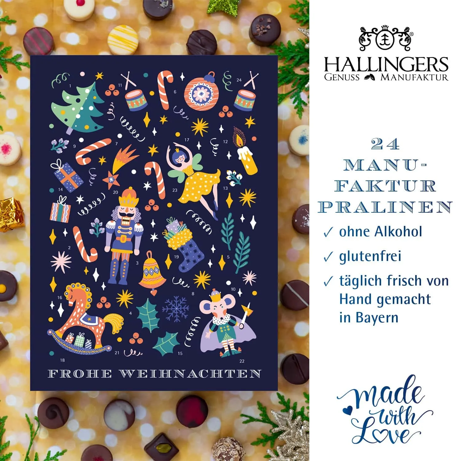 PRALINEN ADVENTSKALENDER OHNE ALKOHOL - Edle handgemachte Pralinen aus feinstem Confiserie-Edelkakao, stilvoll verpackt im hochwertigen Softfeel-Karton. Die besondere Geschenkidee für 24 genussvolle Momente in der Adventszeit