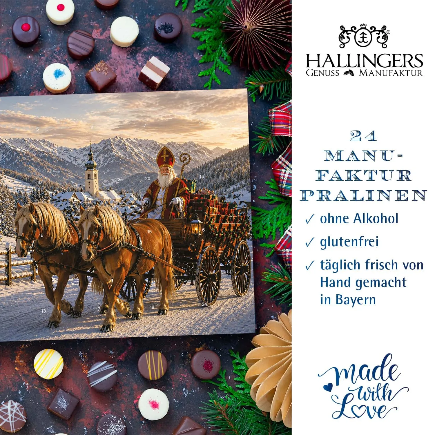PRALINEN ADVENTSKALENDER OHNE ALKOHOL - Edle handgemachte Pralinen aus feinstem Confiserie-Edelkakao, stilvoll verpackt im hochwertigen Softfeel-Karton. Die besondere Geschenkidee für 24 genussvolle Momente in der Adventszeit