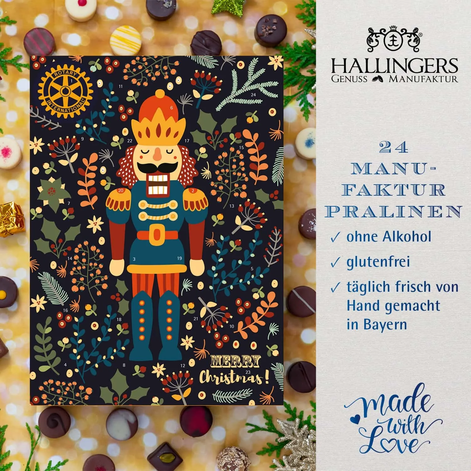 PRALINEN ADVENTSKALENDER OHNE ALKOHOL - Edle handgemachte Pralinen aus feinstem Confiserie-Edelkakao, stilvoll verpackt im hochwertigen Softfeel-Karton. Die besondere Geschenkidee für 24 genussvolle Momente in der Adventszeit