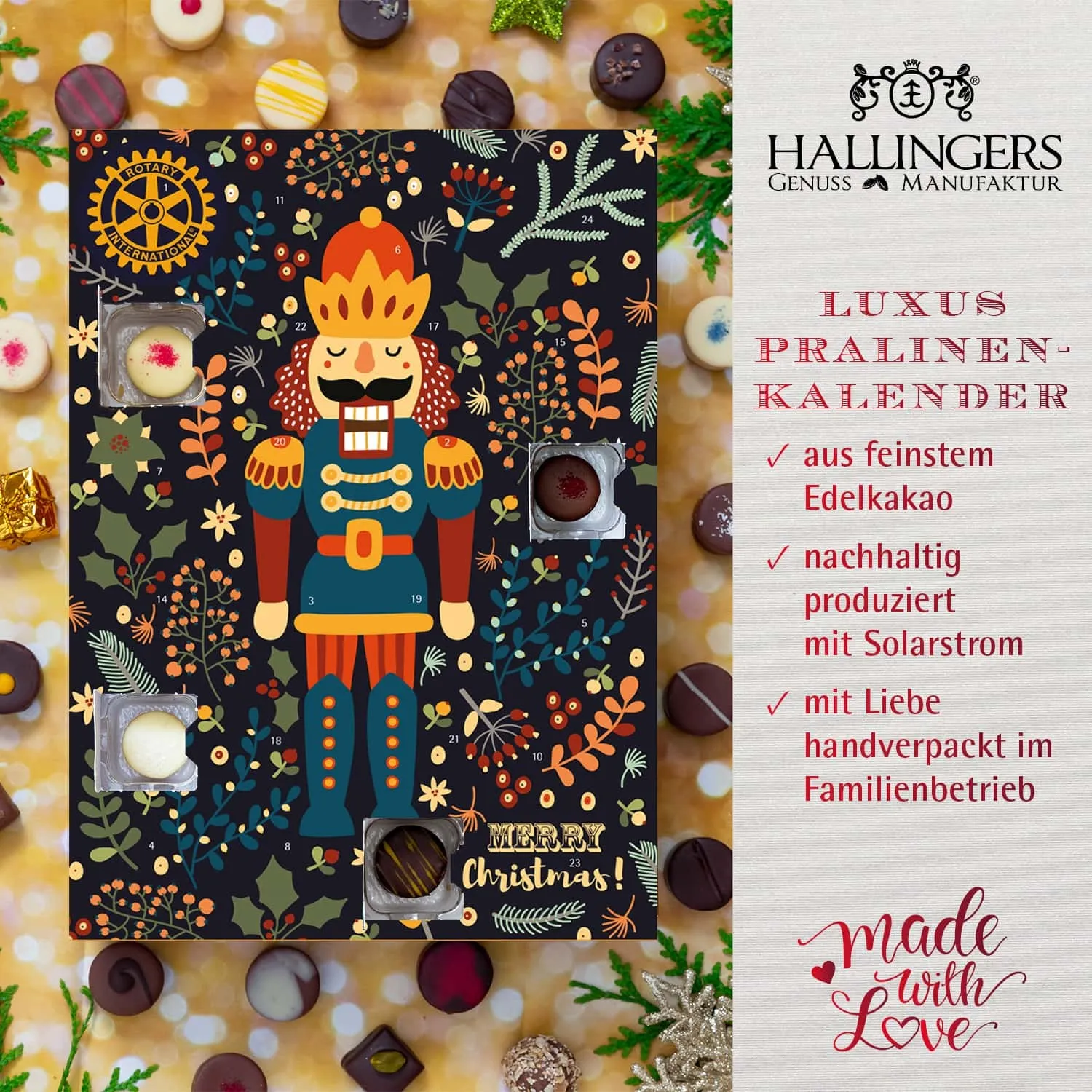 HANDWERK STATT MASSENWARE - Edition \Rotary Nussknacker\: Vergiss billig produzierte Standard-Pralinen mit schöner Verpackung - entscheidend ist nicht nur der erste Eindruck, sondern der Geschmack, der noch lange in Erinnerung bleibt