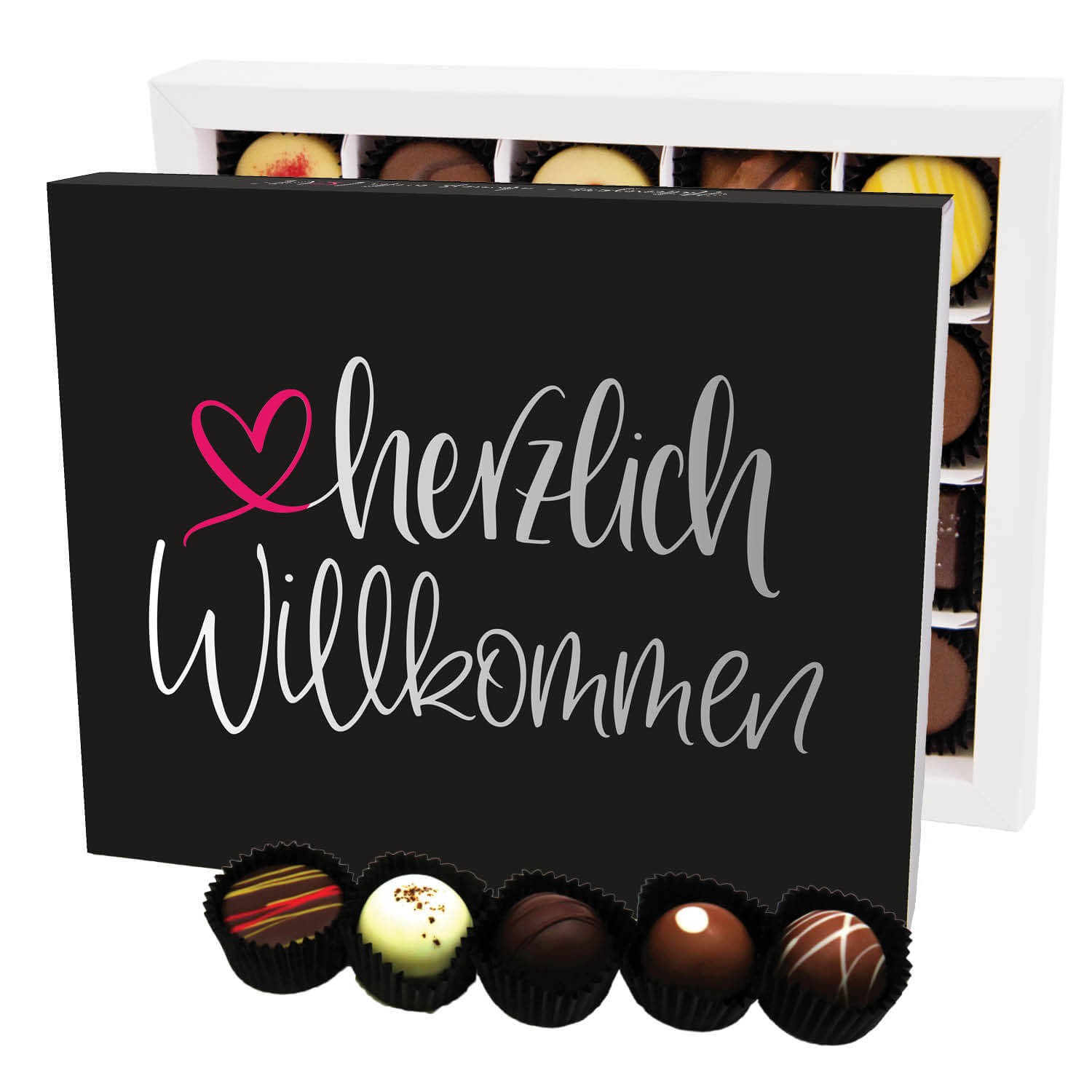 Pralinen Glückwunsch-Geschenk - ohne Alkohol handmade "Herzlich Willkommen" - Hallingers Genuss Manufaktur