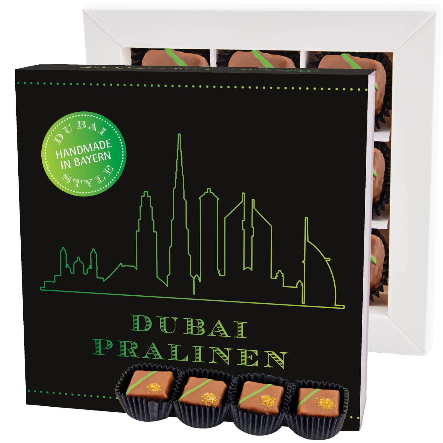 Pralinen Geschenk – Dubai-Style ohne Alkohol, handgemacht aus Premium Edelkakao, edle Geschenkbox "Dubai Pralinen L", Confiserie-Qualität, Geschenkide