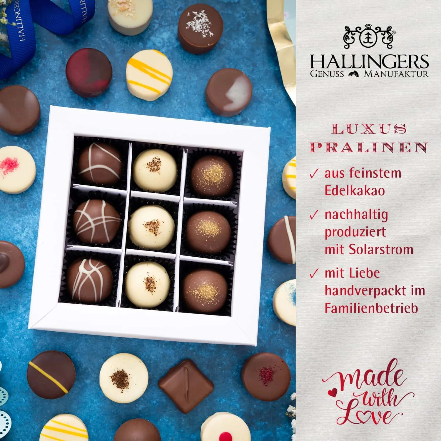 HANDWERK STATT MASSENWARE - Edition \Happy Birthday blue\: Vergiss billig produzierte Standard-Pralinen mit schöner Verpackung - entscheidend ist nicht nur der erste Eindruck, sondern der Geschmack, der noch lange in Erinnerung bleibt