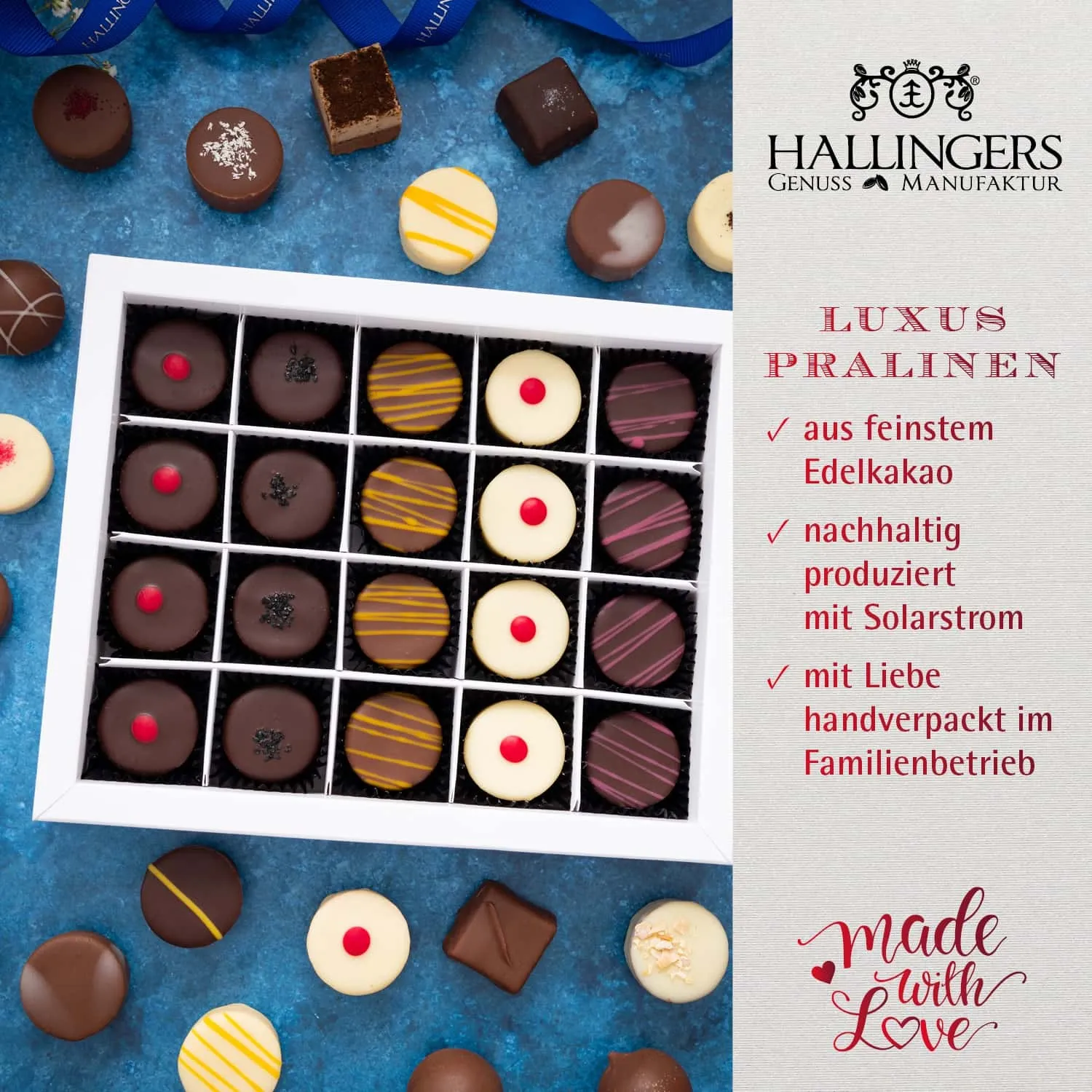 HANDWERK STATT MASSENWARE - Edition \Happy Birthday blue\: Vergiss billig produzierte Standard-Pralinen mit schöner Verpackung - entscheidend ist nicht nur der erste Eindruck, sondern der Geschmack, der noch lange in Erinnerung bleibt