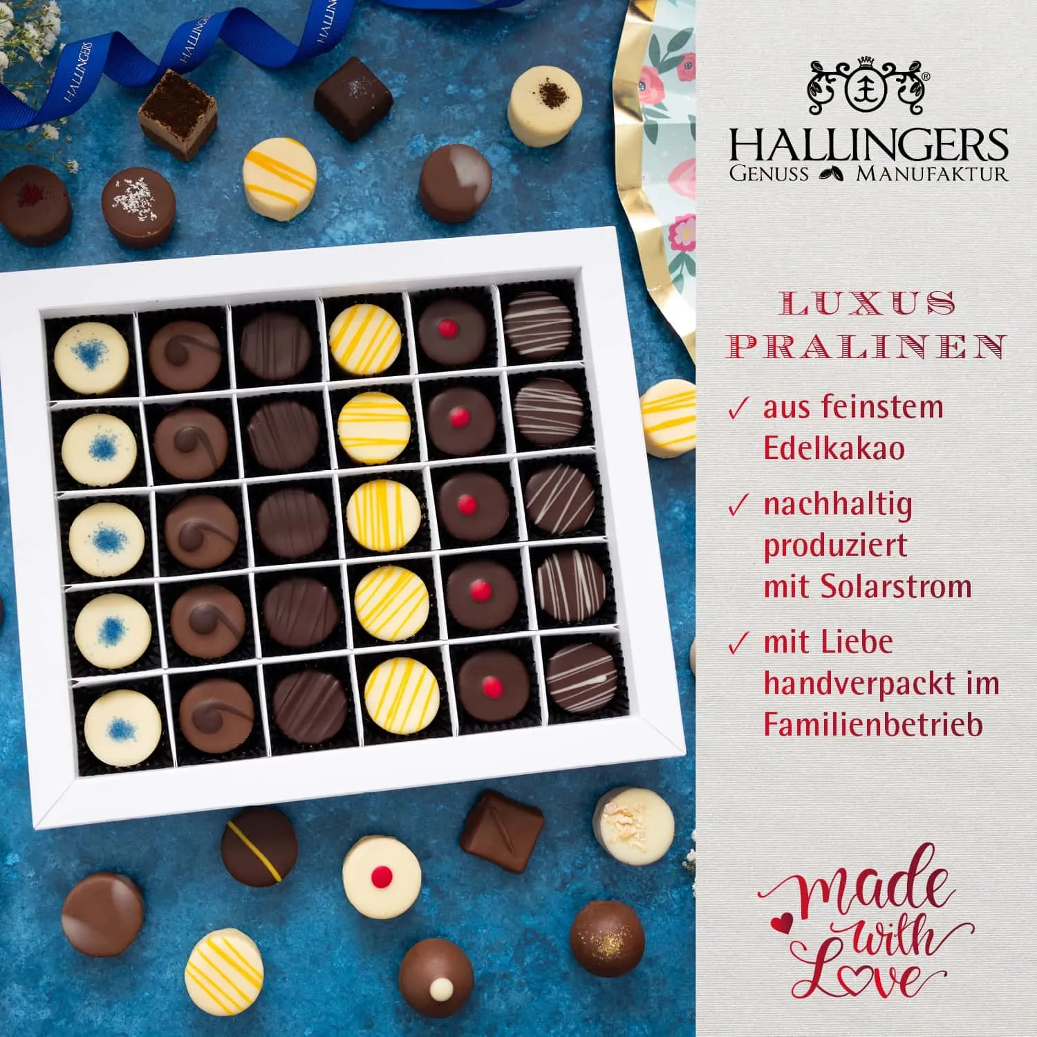 HANDWERK STATT MASSENWARE - Edition \Happy Birthday blue\: Vergiss billig produzierte Standard-Pralinen mit schöner Verpackung - entscheidend ist nicht nur der erste Eindruck, sondern der Geschmack, der noch lange in Erinnerung bleibt