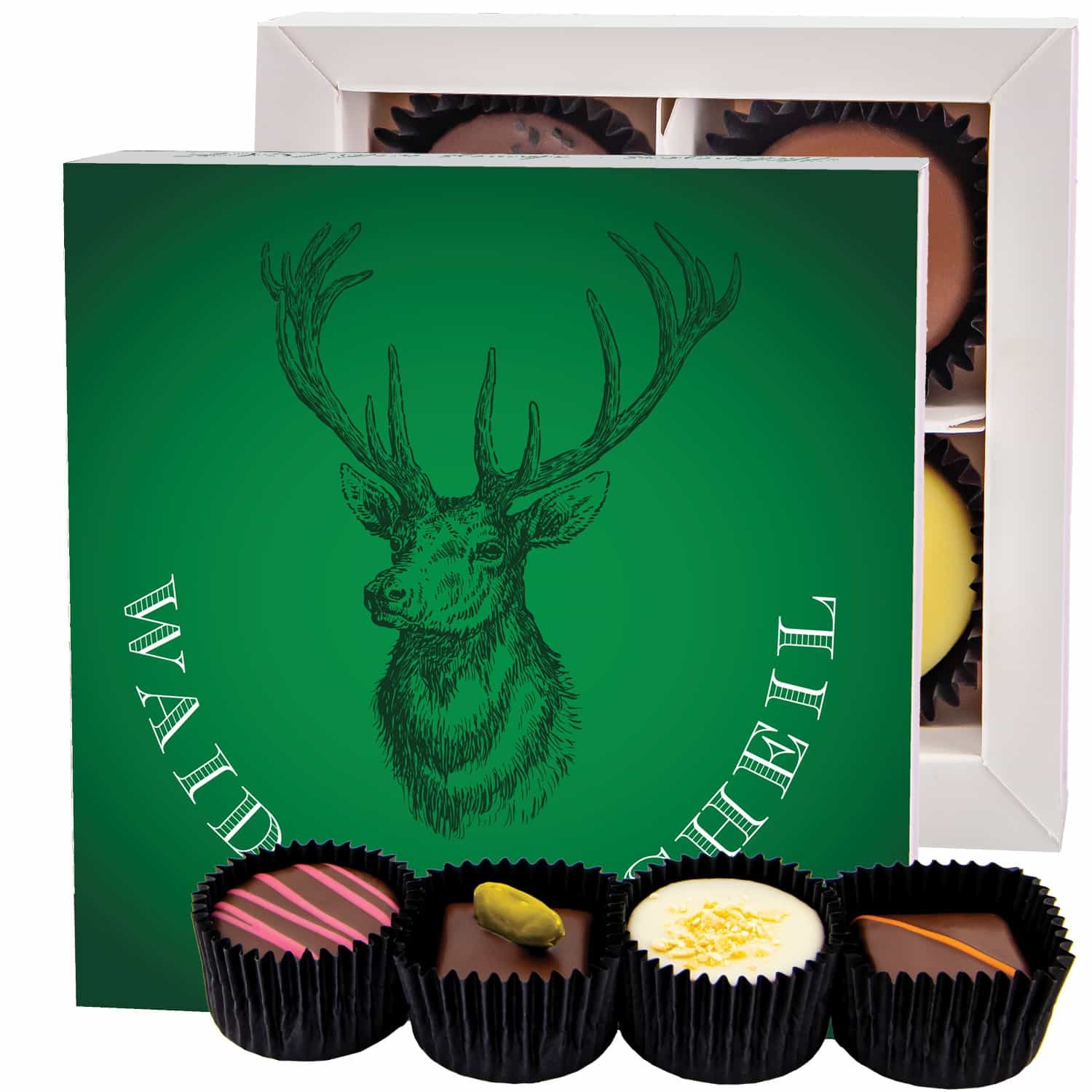 Pralinen Geschenk Jäger – ohne Alkohol, handgemacht aus Premium Edelkakao, edle Geschenkbox "Waidmannsheil", feine Confiserie-Qualität, Geschenkidee f