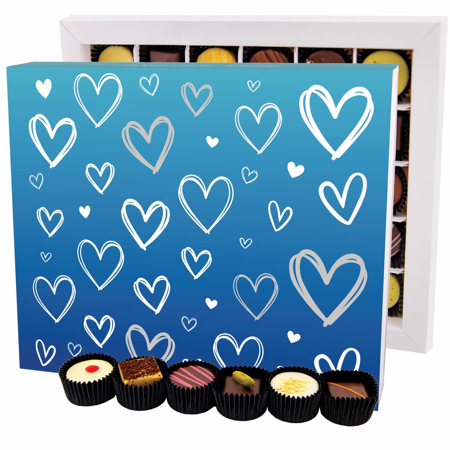 Pralinen Geschenk Valentinstag – handmade ohne Alkohol aus Edelkakao-Schokolade edle Geschenkbox "Love Blue XXL", Confiserie-Qualität für ihn sie Freu