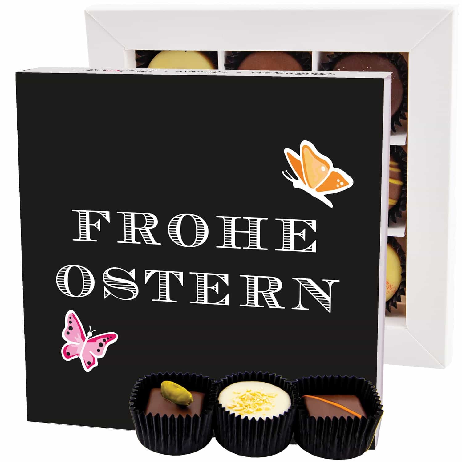Pralinen Ostergeschenk – ohne Alkohol, handgemacht & zart schmelzender Edelkakao in edler Geschenkbox "Frohe Ostern Black L", Confiserie-Qualität als