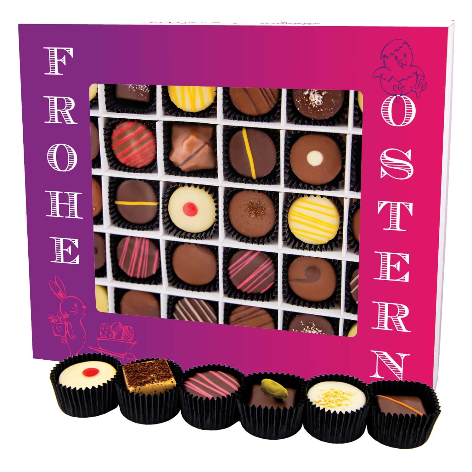 Pralinen Ostergeschenk – ohne Alkohol, handgemacht & zart schmelzender Edelkakao in edler Geschenkbox "Frohe Ostern XXL", Confiserie-Qualität als Oste