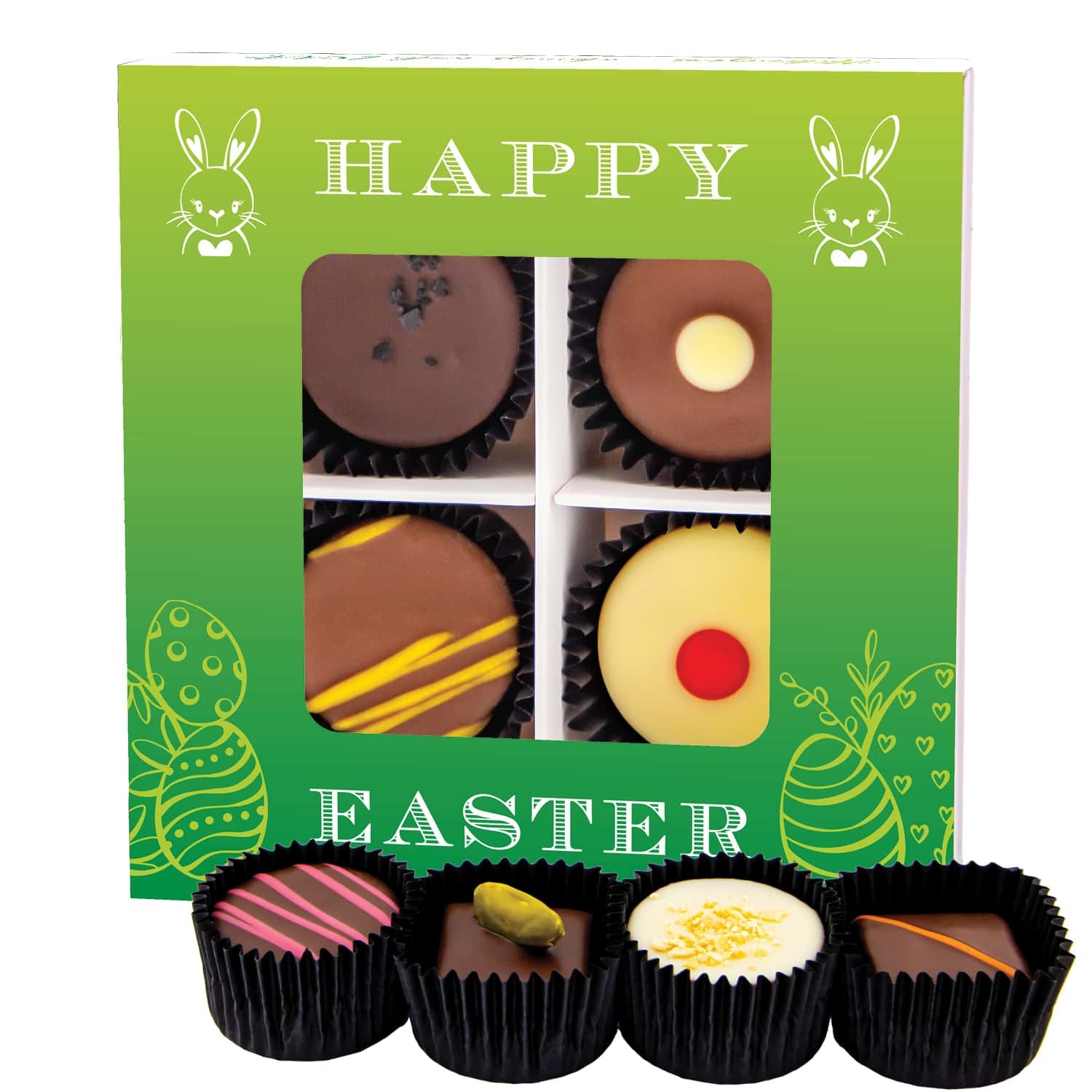 Pralinen Ostergeschenk – ohne Alkohol, handgemacht & zart schmelzender Edelkakao in edler Geschenkbox "Happy Easter", Confiserie-Qualität als Osterkör