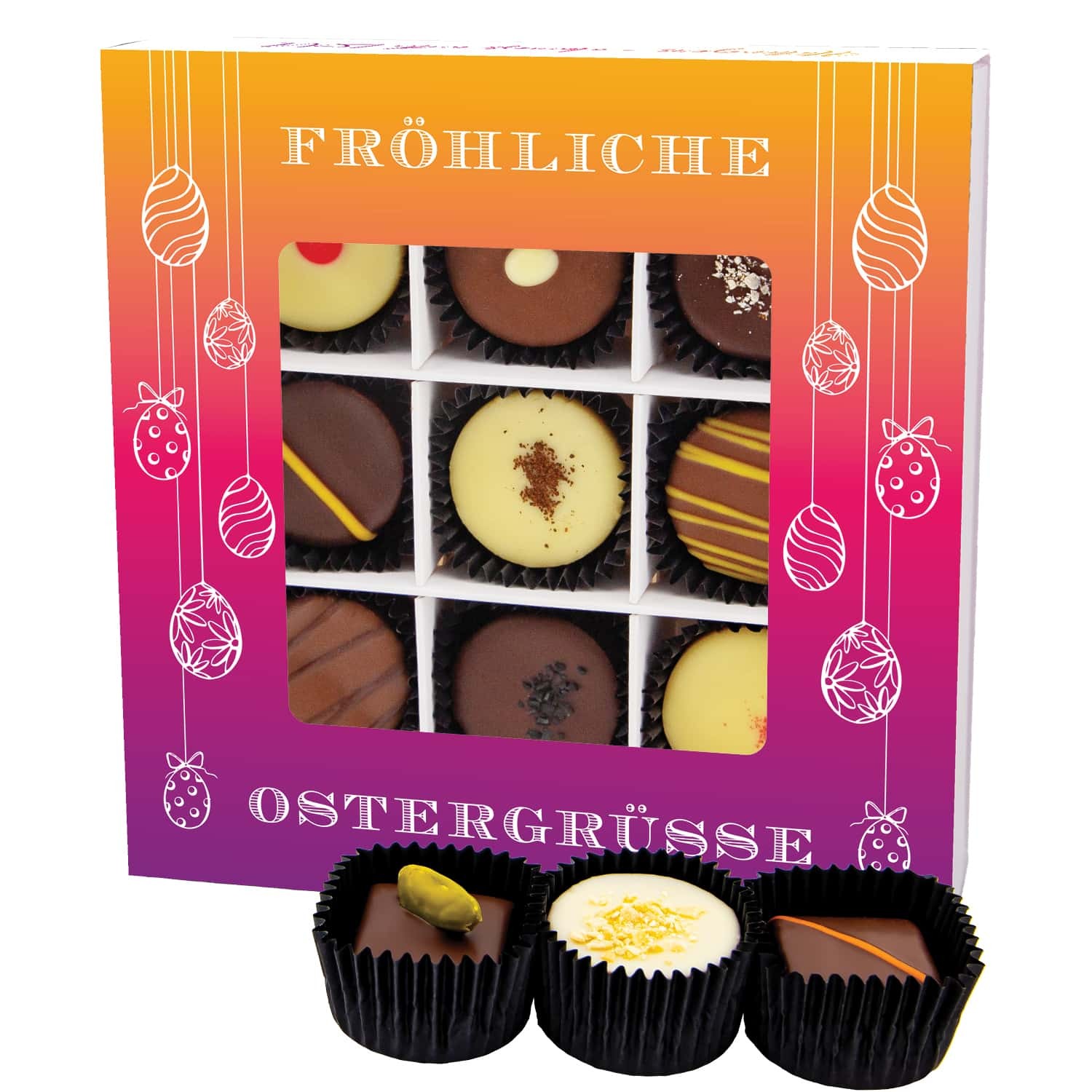 Pralinen Ostergeschenk – ohne Alkohol, handgemacht & zart schmelzender Edelkakao in edler Geschenkbox "Fröhliche Ostergrüße L", Confiserie als Osterkö