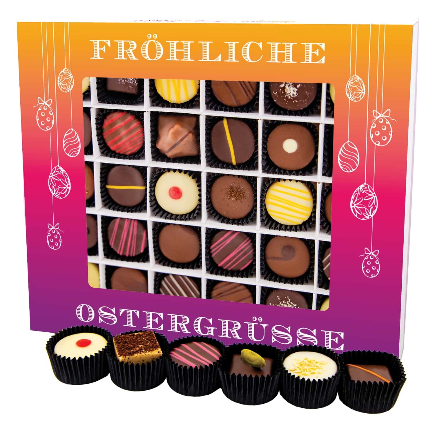 Pralinen Ostergeschenk – ohne Alkohol, handgemacht & zart schmelzender Edelkakao in edler Geschenkbox "Fröhliche Ostergrüße XXL", Confiserie als Oster