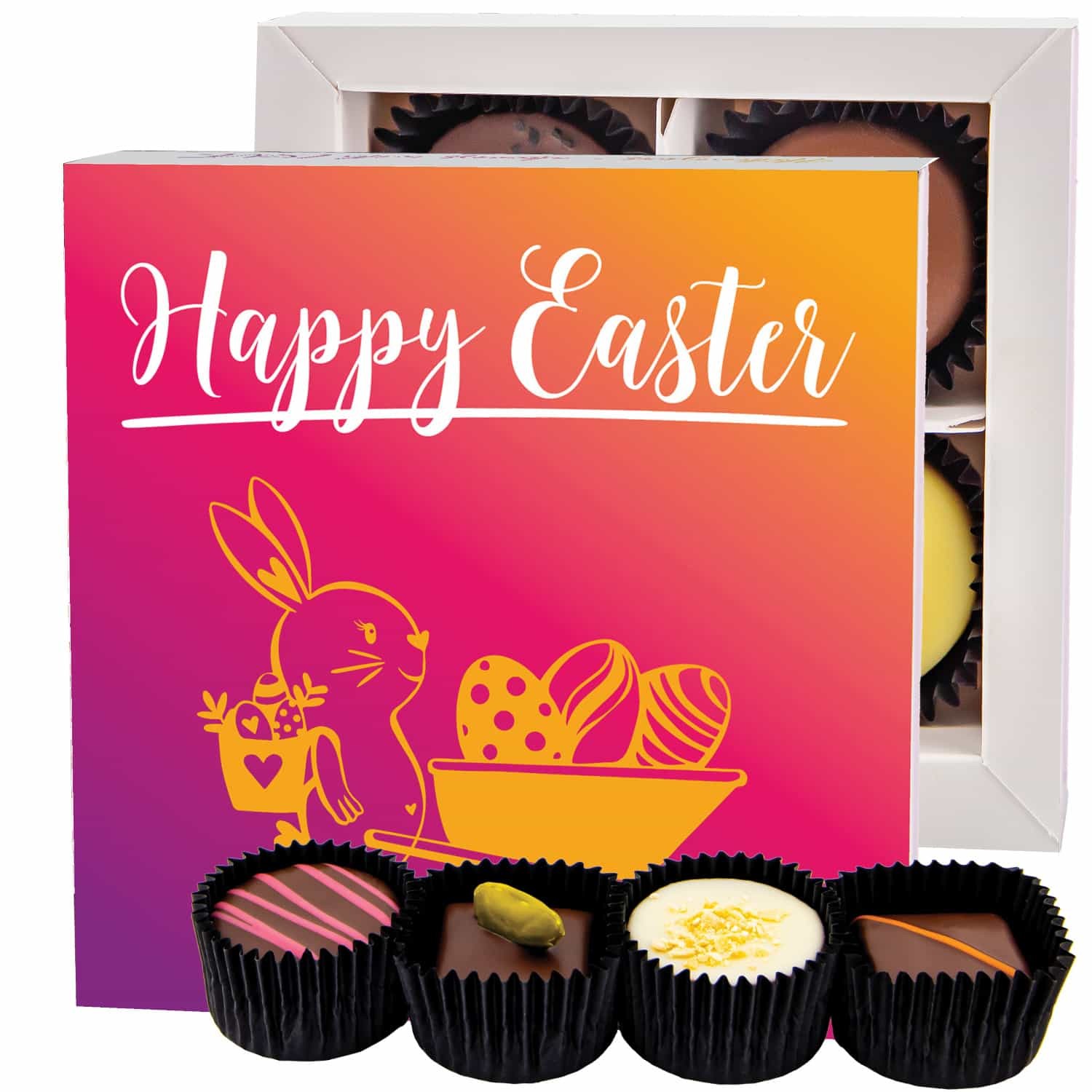 Pralinen Ostergeschenk – ohne Alkohol, handgemacht & zart schmelzender Edelkakao in edler Geschenkbox "Happy Easter", feine Confiserie als Osterkörbch
