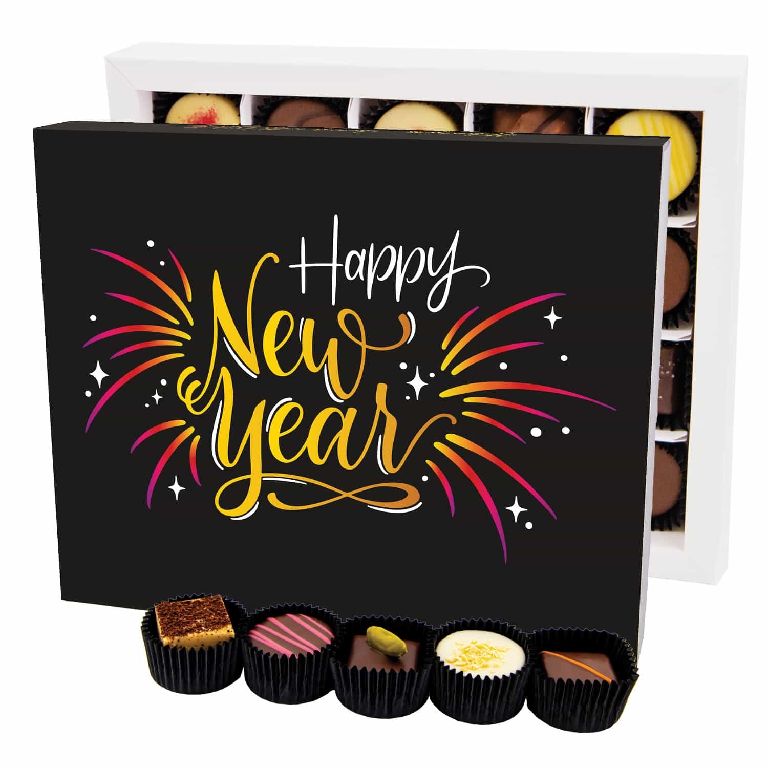 Pralinen Geschenk Weihnachten – ohne Alkohol, handgemacht aus Premium Edelkakao, edle Geschenkbox "Happy New Year XL", Geschenkidee für Frauen & Männe