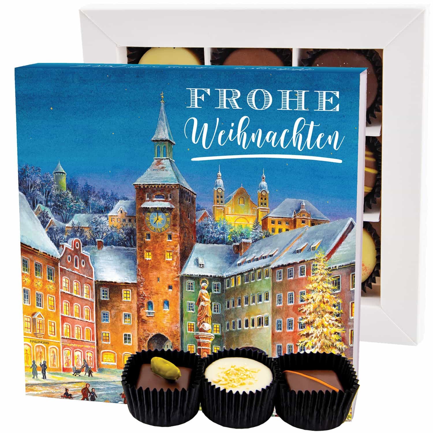 Pralinen Geschenk Weihnachten – ohne Alkohol, handgemacht aus Premium Edelkakao, edle Geschenkbox "Frohe Weihnachten LL L", Geschenkidee für Frauen &