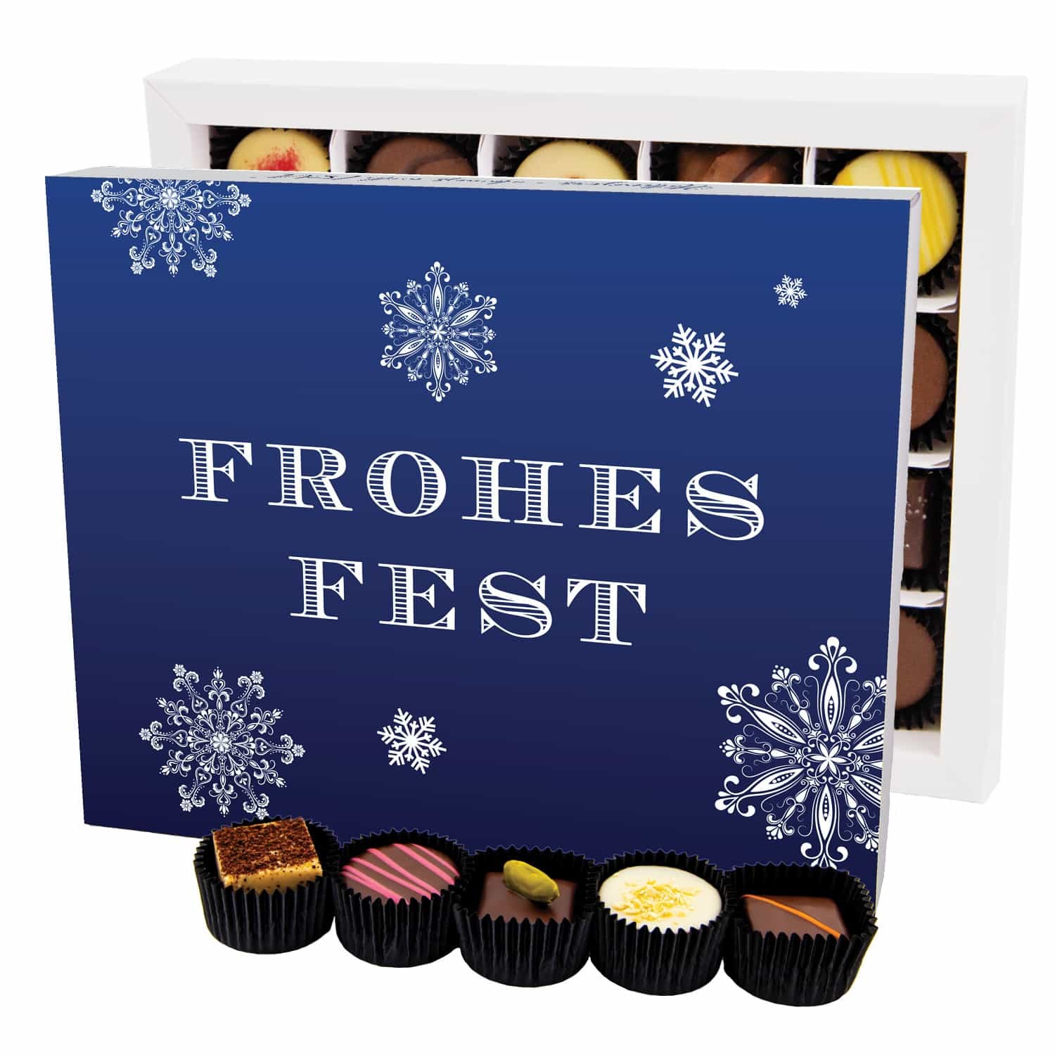 Pralinen Geschenk Weihnachten – ohne Alkohol, handgemacht aus Premium Edelkakao, edle Geschenkbox "Frohes Fest blau XL", Geschenkidee für Frauen & Män