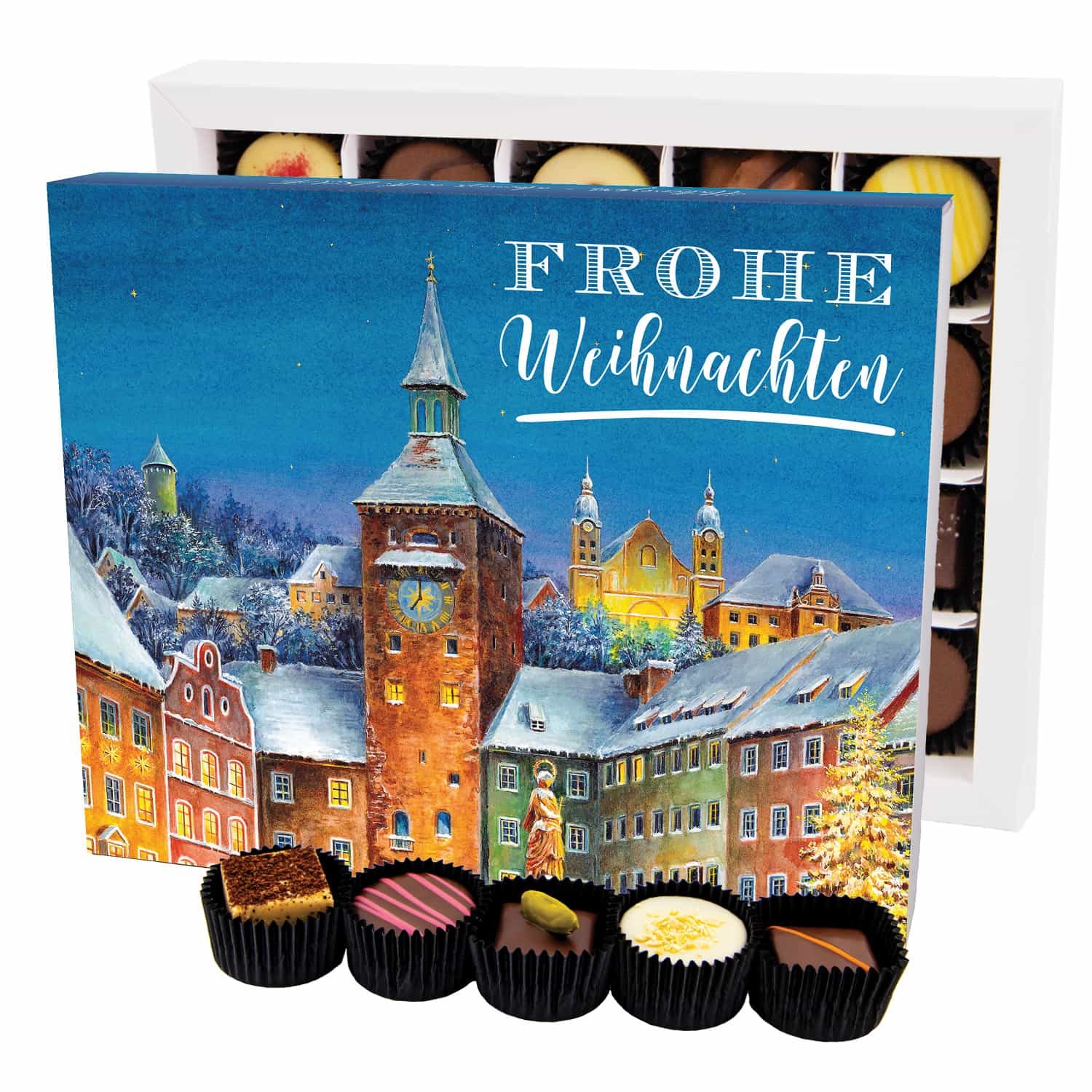 Pralinen Geschenk Weihnachten – ohne Alkohol, handgemacht aus Premium Edelkakao, edle Geschenkbox "Frohe Weihnachten LL XL", Geschenkidee für Frauen &