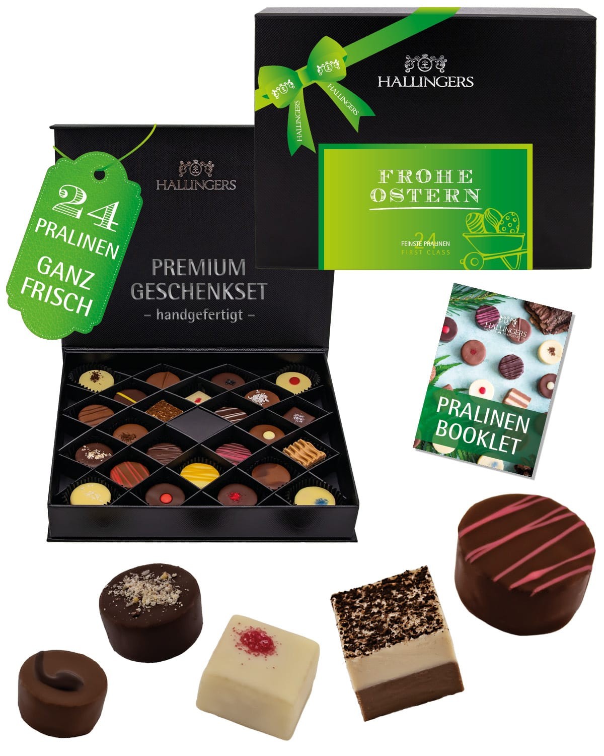Pralinen Ostergeschenk – ohne Alkohol, handgemacht & zart schmelzender Edelkakao in edler Geschenkbox "Frohe Ostern Green", feine Confiserie-Qualität