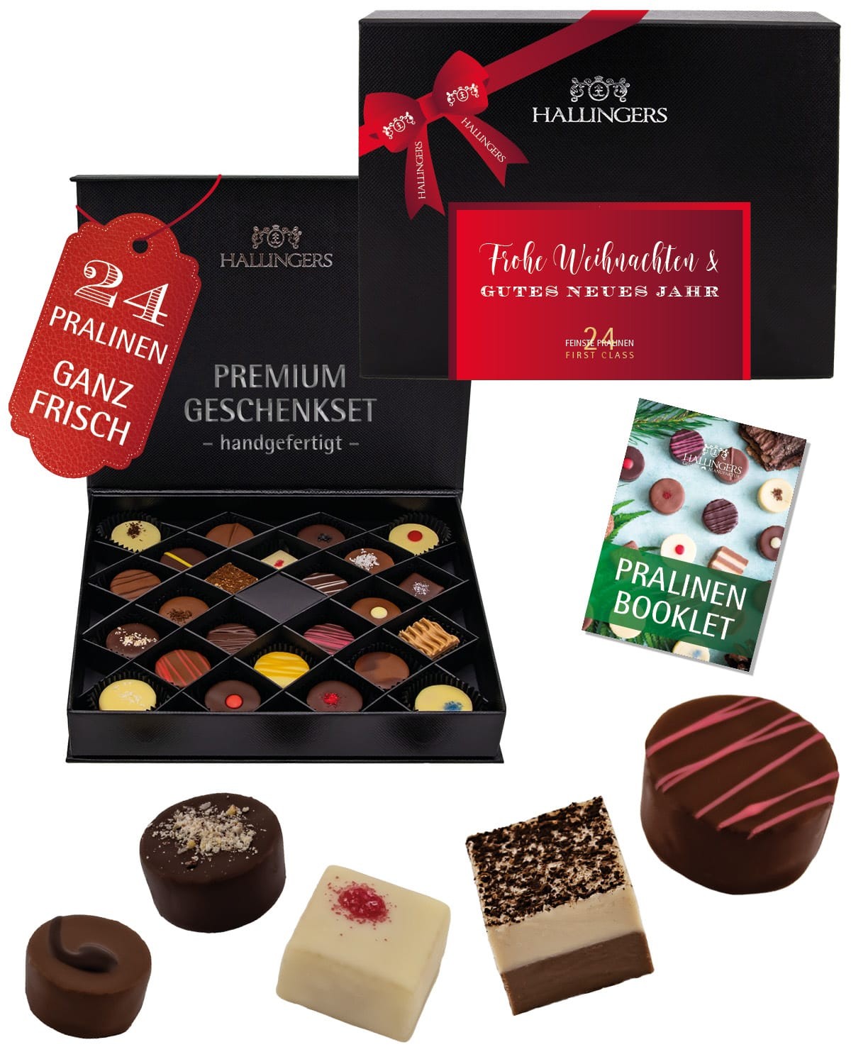 Pralinen Geschenk Weihnachten – ohne Alkohol, 24x handgemacht aus Premium Edelkakao, edle Geschenkbox "Frohe Weihnachten & Gutes Neues Jahr", Geschenk