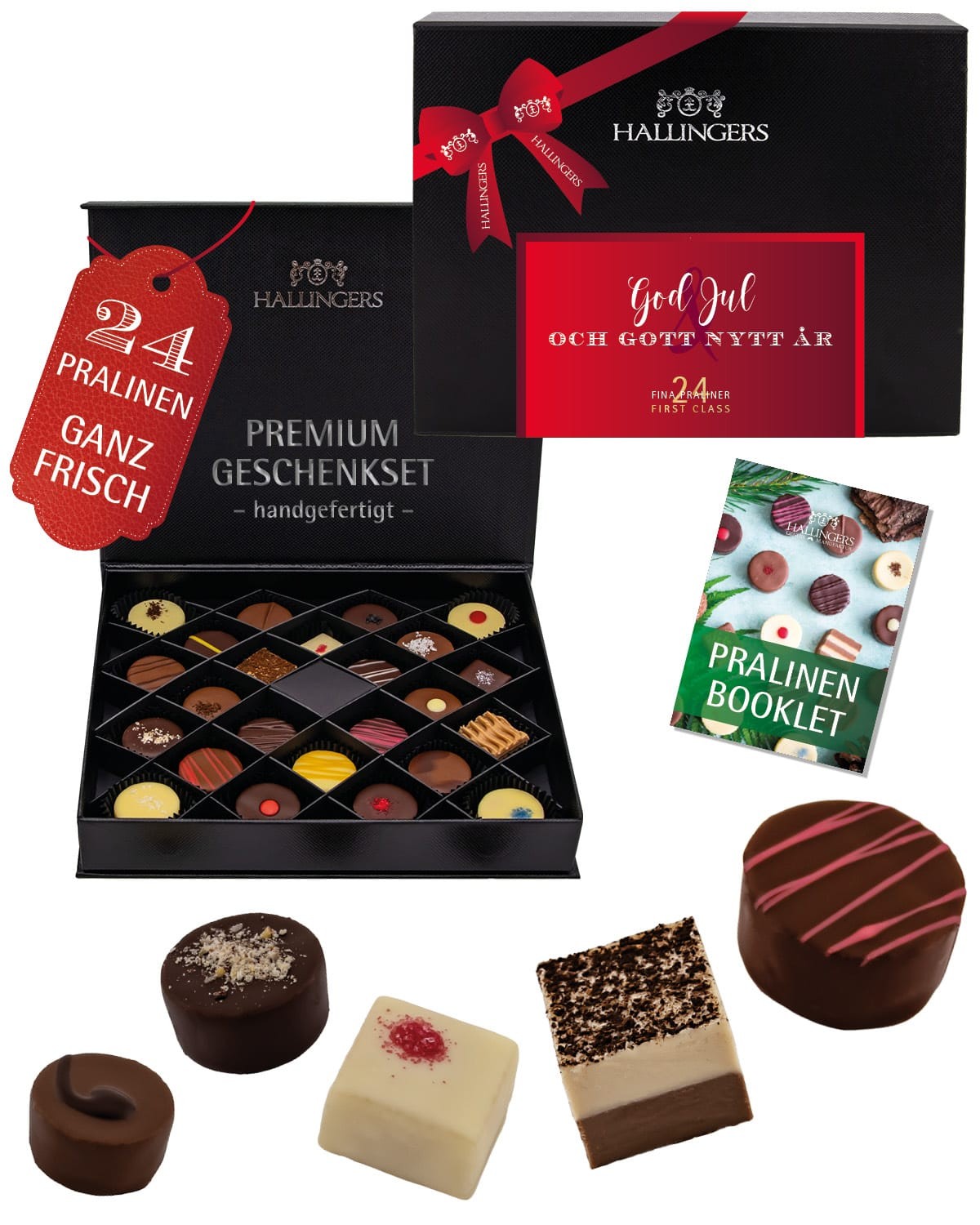Pralinen Geschenk Weihnachten – ohne Alkohol, 24x handgemacht aus Premium Edelkakao, edle Geschenkbox "God Jul och Gott Nytt År", Geschenkidee zur Wei
