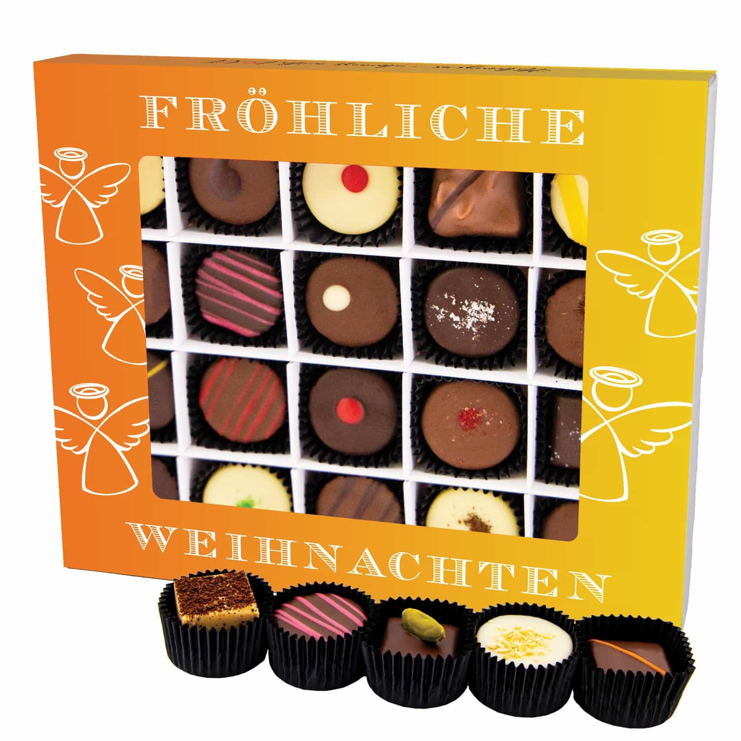 Pralinen Geschenk Weihnachten – mit & ohne Alkohol, handgemacht aus Premium Edelkakao, edle Geschenkbox "Fröhliche Weihnachten XL", Geschenkidee für F